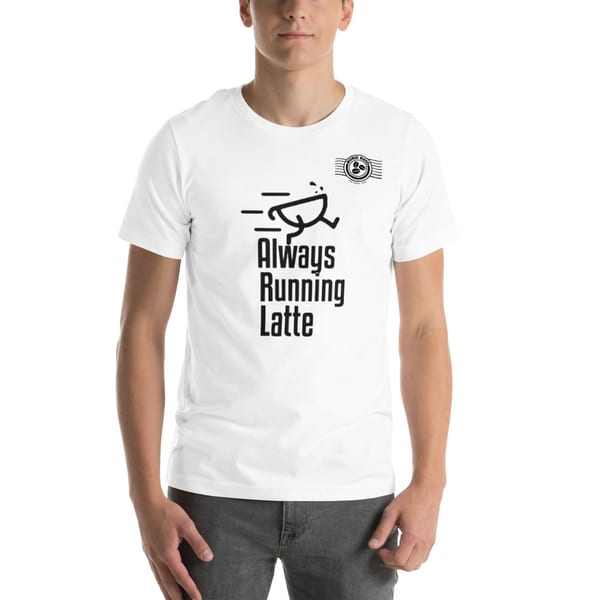 Man wearing a white World Blend Coffee t-shirt with "Always Running Latte" text and logo.