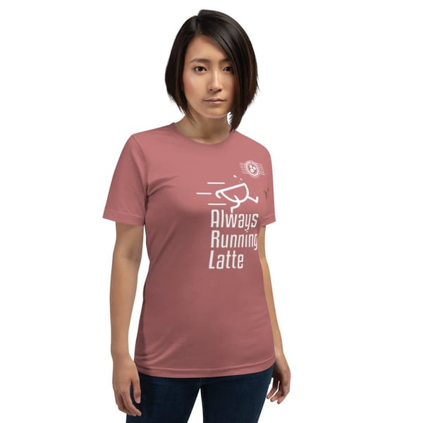 Woman wearing a World Blend Coffee t-shirt with "Always Running Latte" text and logo.